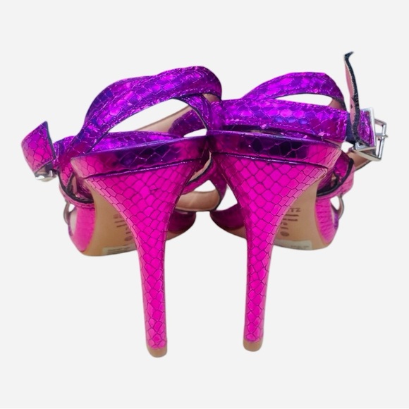 SCHUTZ Courtney High Couro Roxo Metallic Violet Embossed Sandals Shoes 7B - Picture 9 of 15